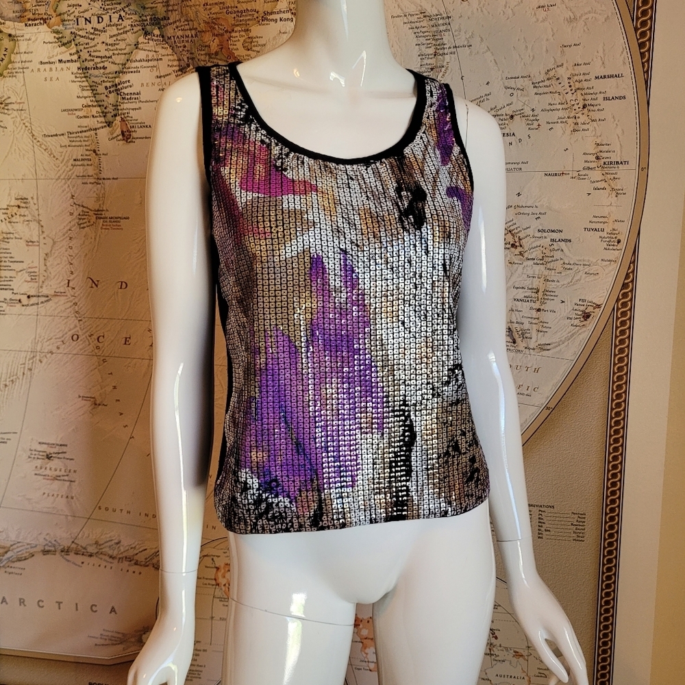 Peter Nygard black tank top purple gold silver sequins arty party petite fancy S